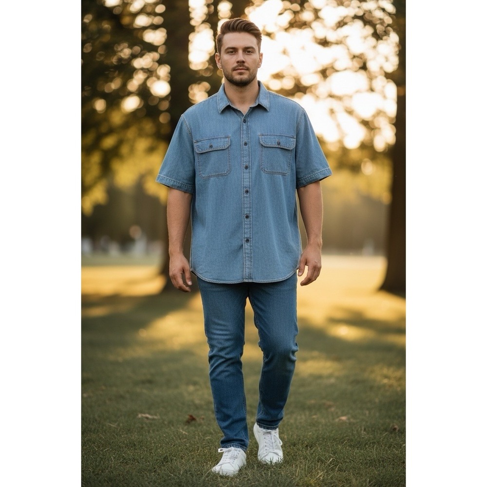 Brahma Men's XL Short Sleeve Work Shirt Medium-Wash‎ Blue Denim Chambray